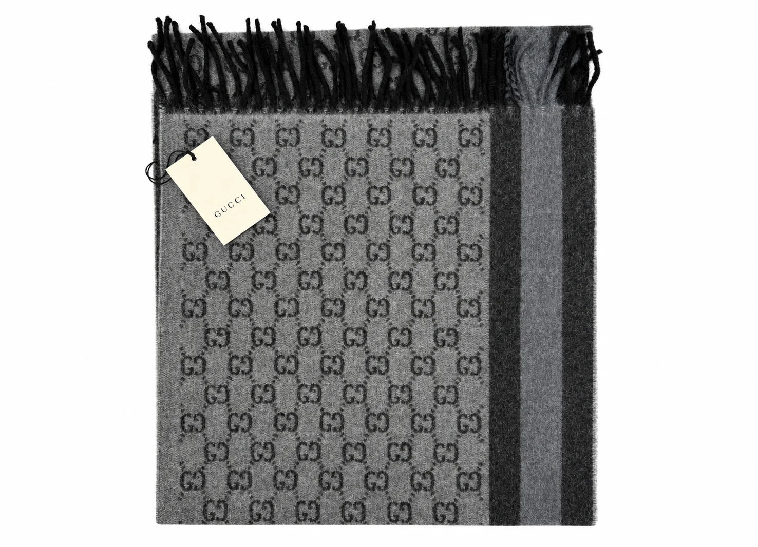 Gucci Monogram Grey Wool Scarf with Fringe