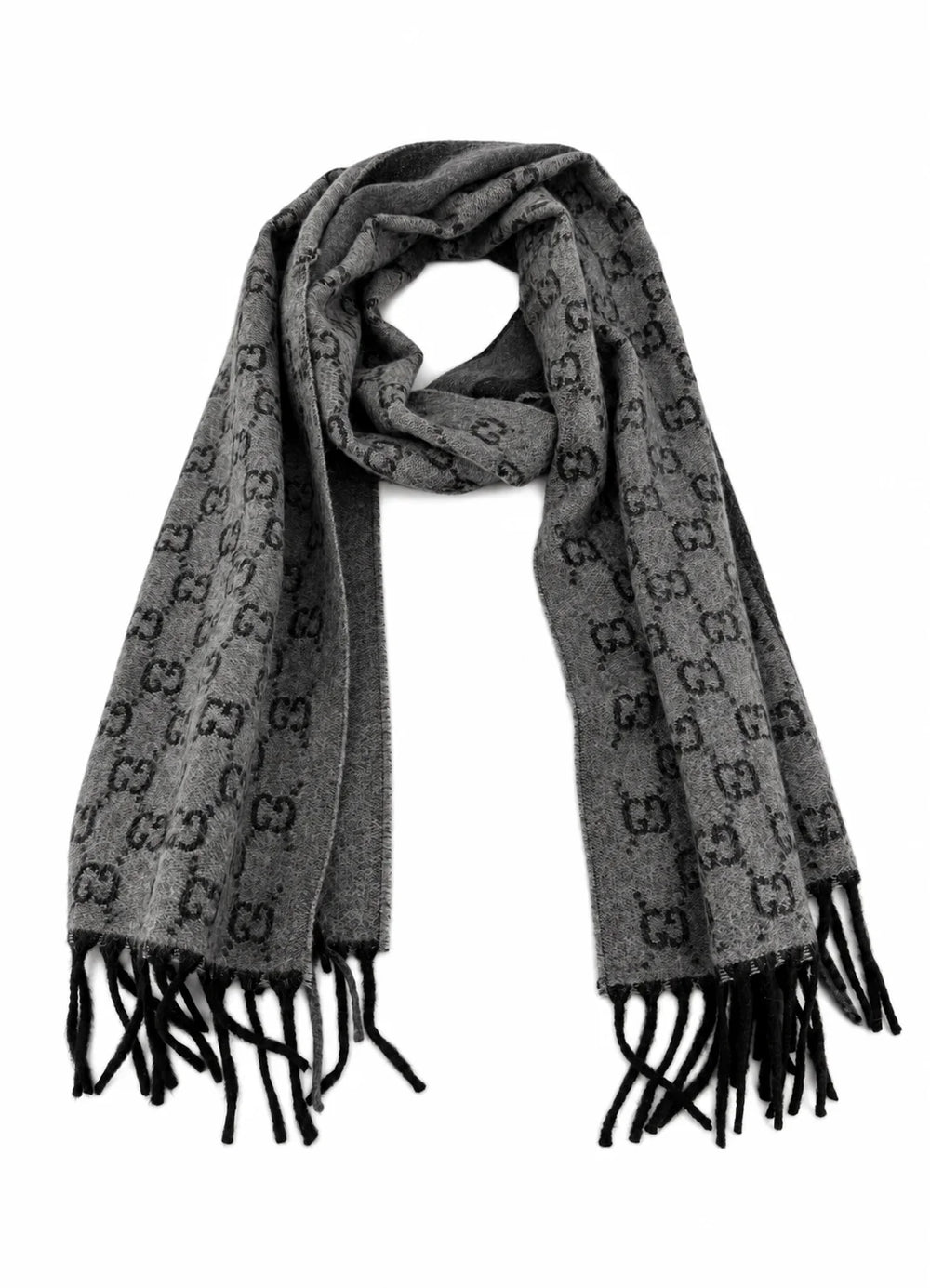 Gucci Monogram Grey Wool Scarf with Fringe
