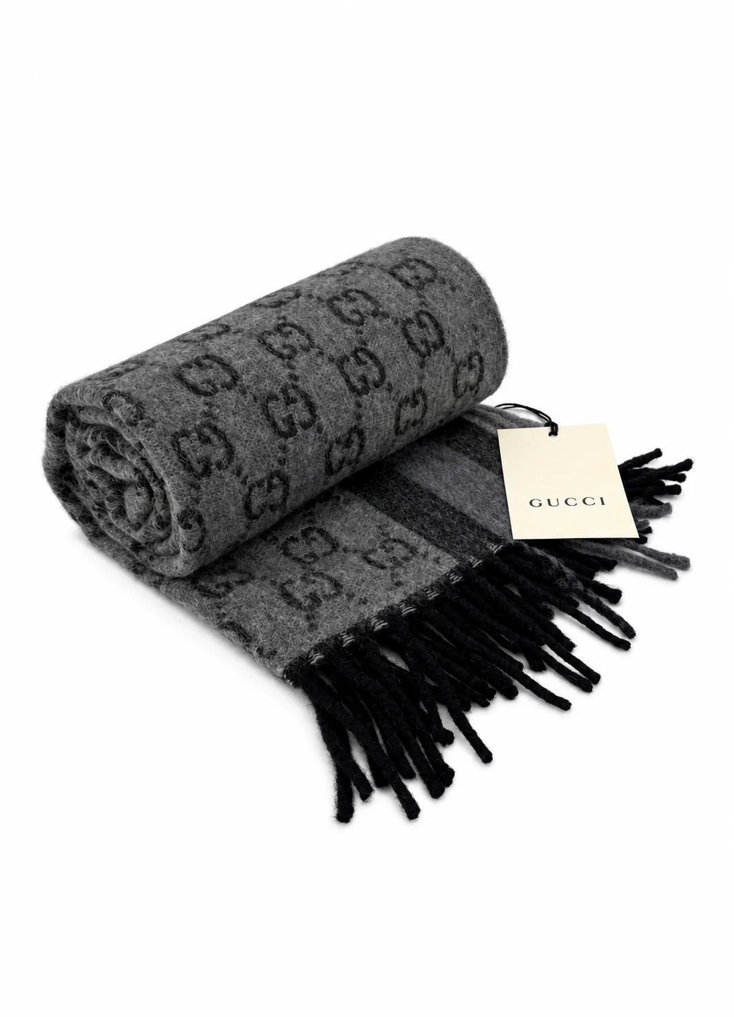 Gucci Monogram Grey Wool Scarf with Fringe