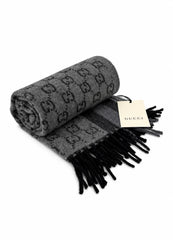 Gucci Monogram Grey Wool Scarf with Fringe
