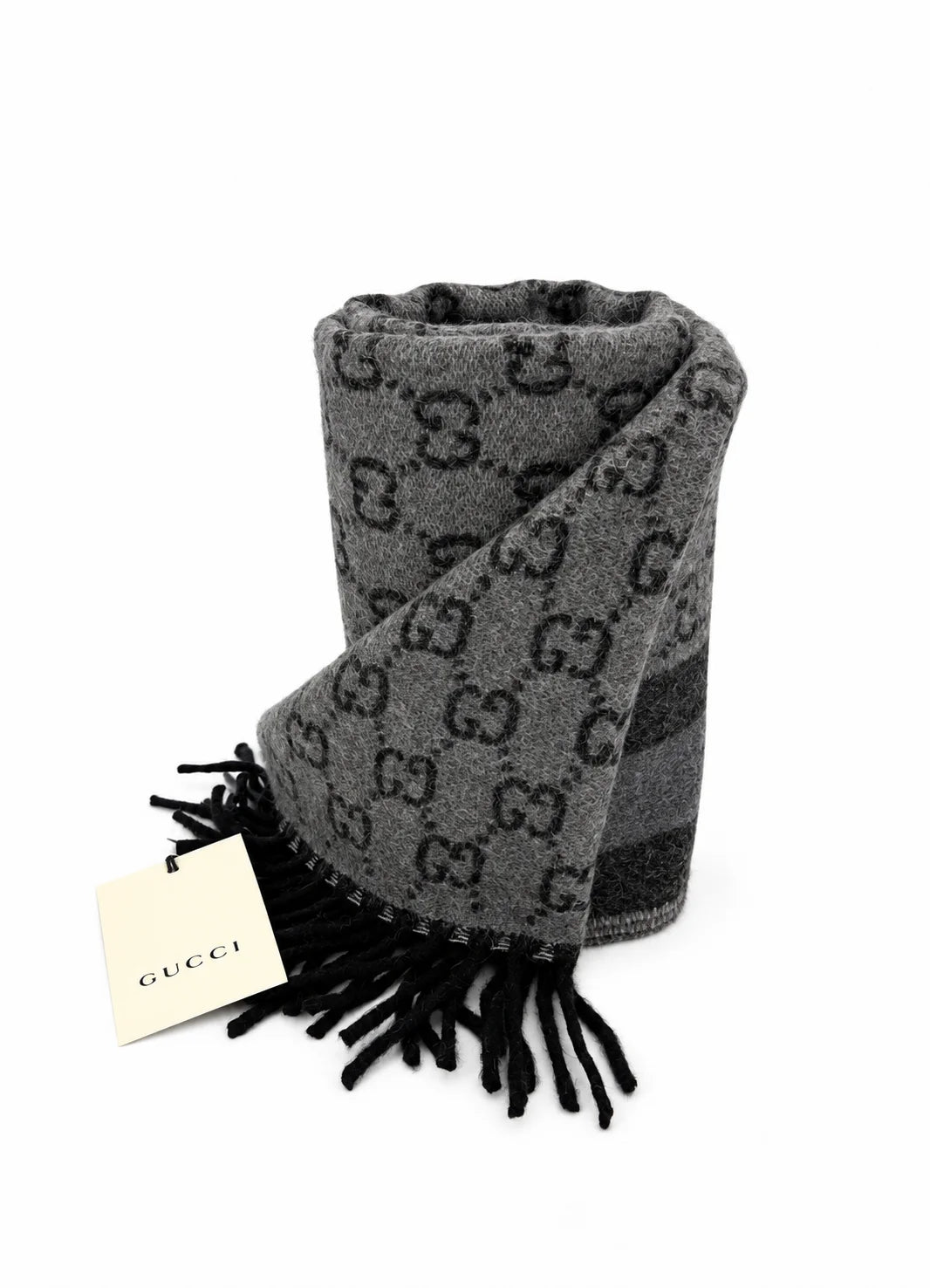 Gucci Monogram Grey Wool Scarf with Fringe