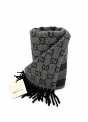 Gucci Monogram Grey Wool Scarf with Fringe