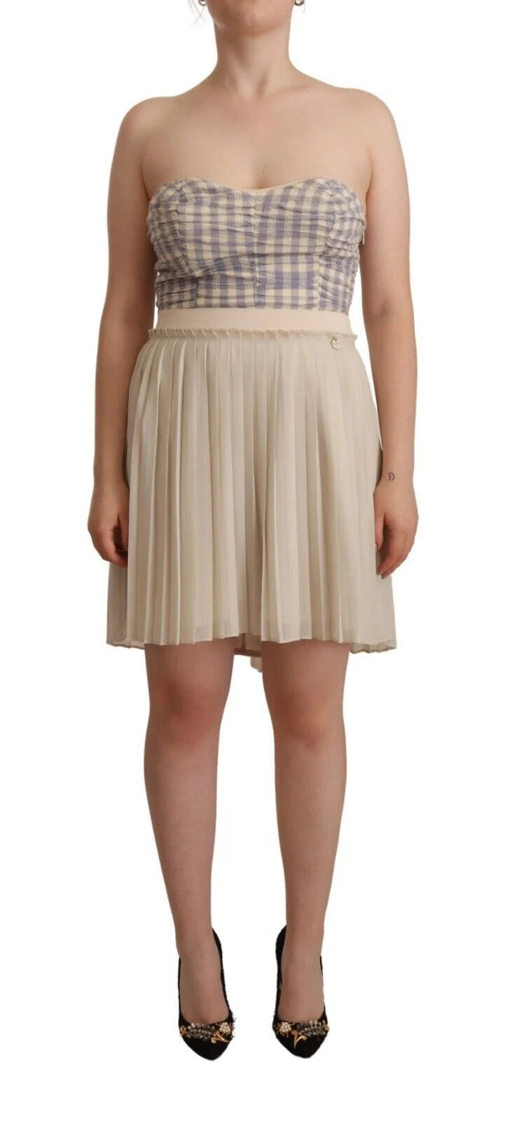 Guess Beige Checkered Pleated A-line Strapless Bustier Dress - IT40|S - Dresses