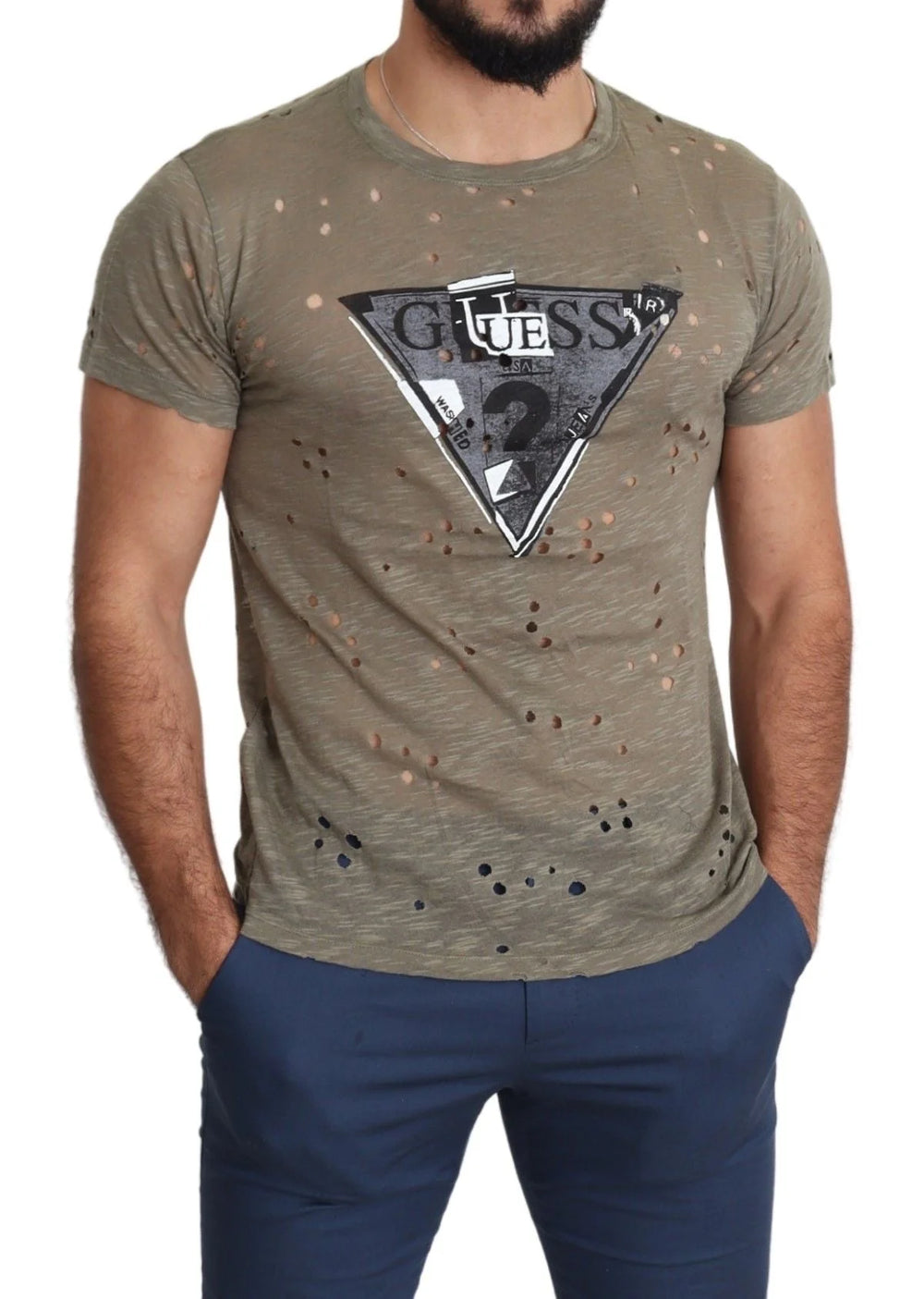 Guess Brown Cotton Stretch Logo Print Men Casual Perforated T-shirt - T-Shirts