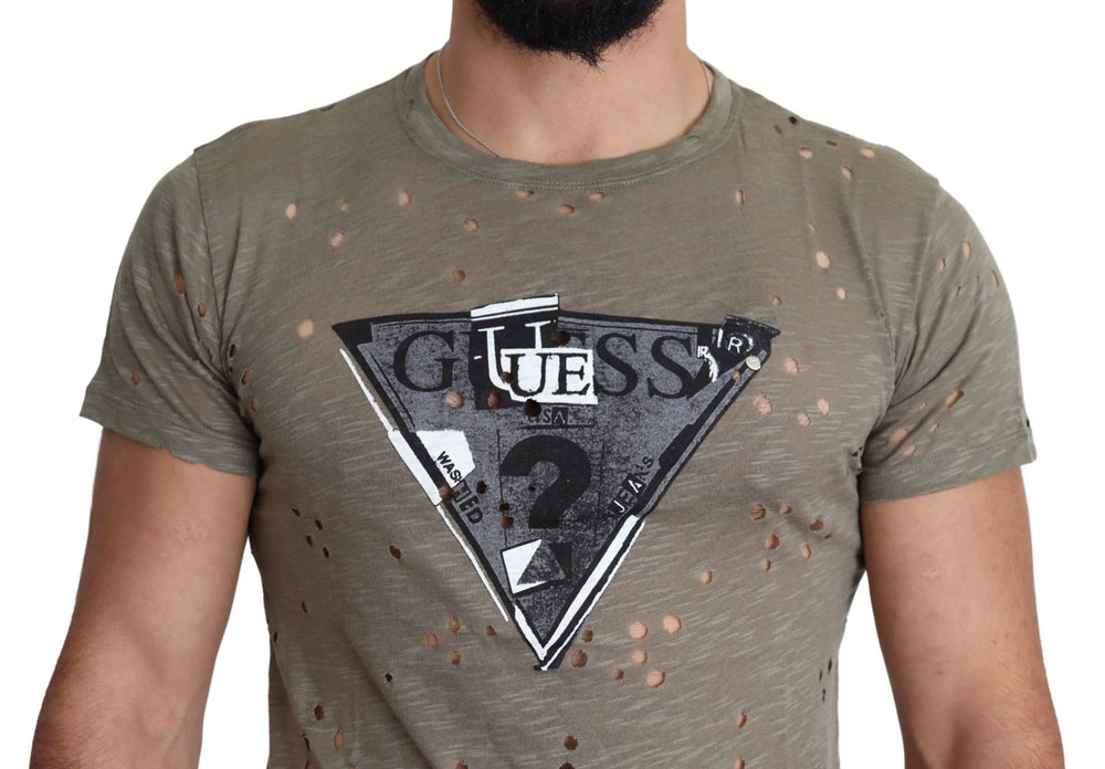 Guess Brown Cotton Stretch Logo Print Men Casual Perforated T-shirt - T-Shirts