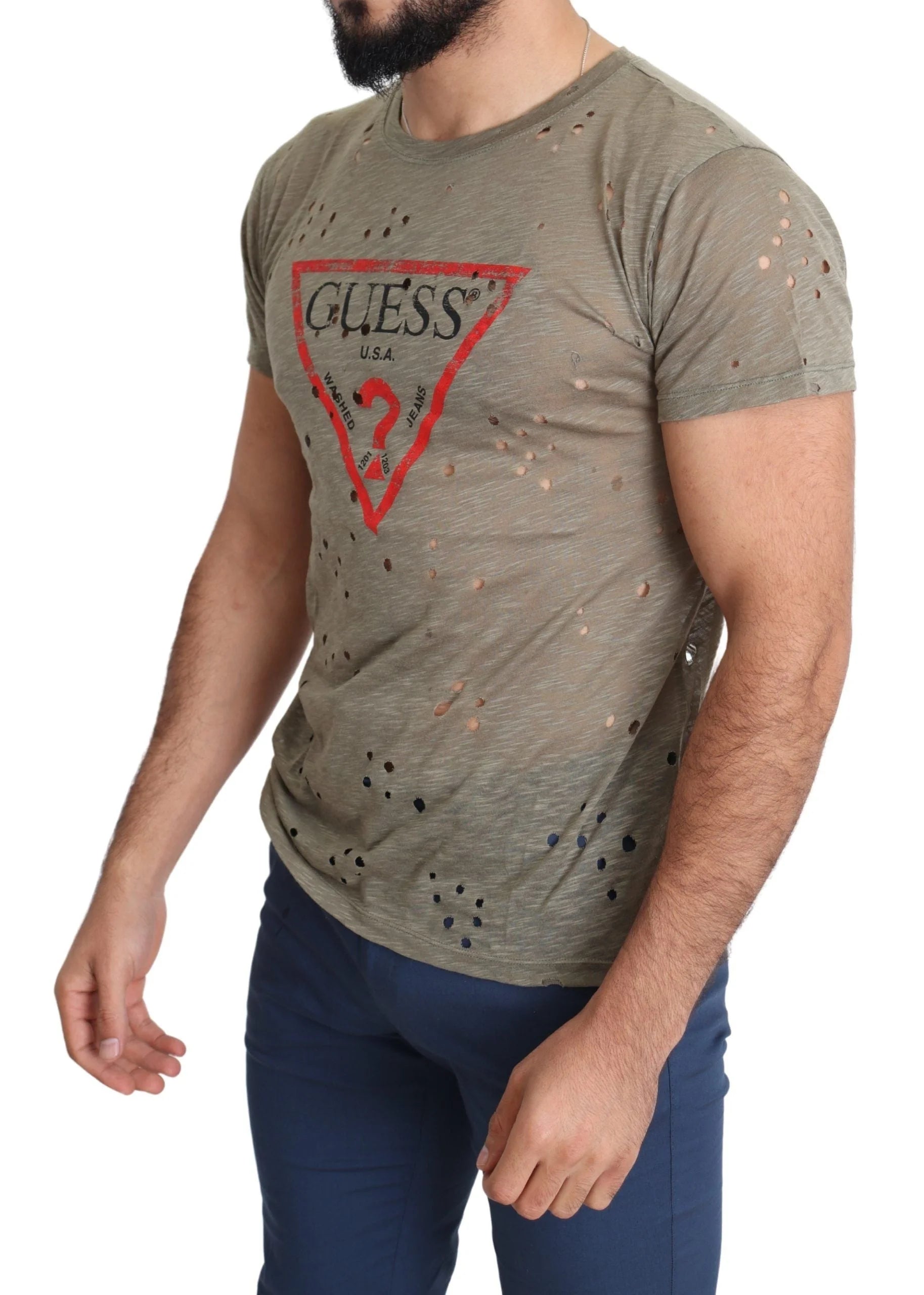 Guess Brown Cotton Stretch Logo Print Men Casual Perforated T-shirt - T-Shirts