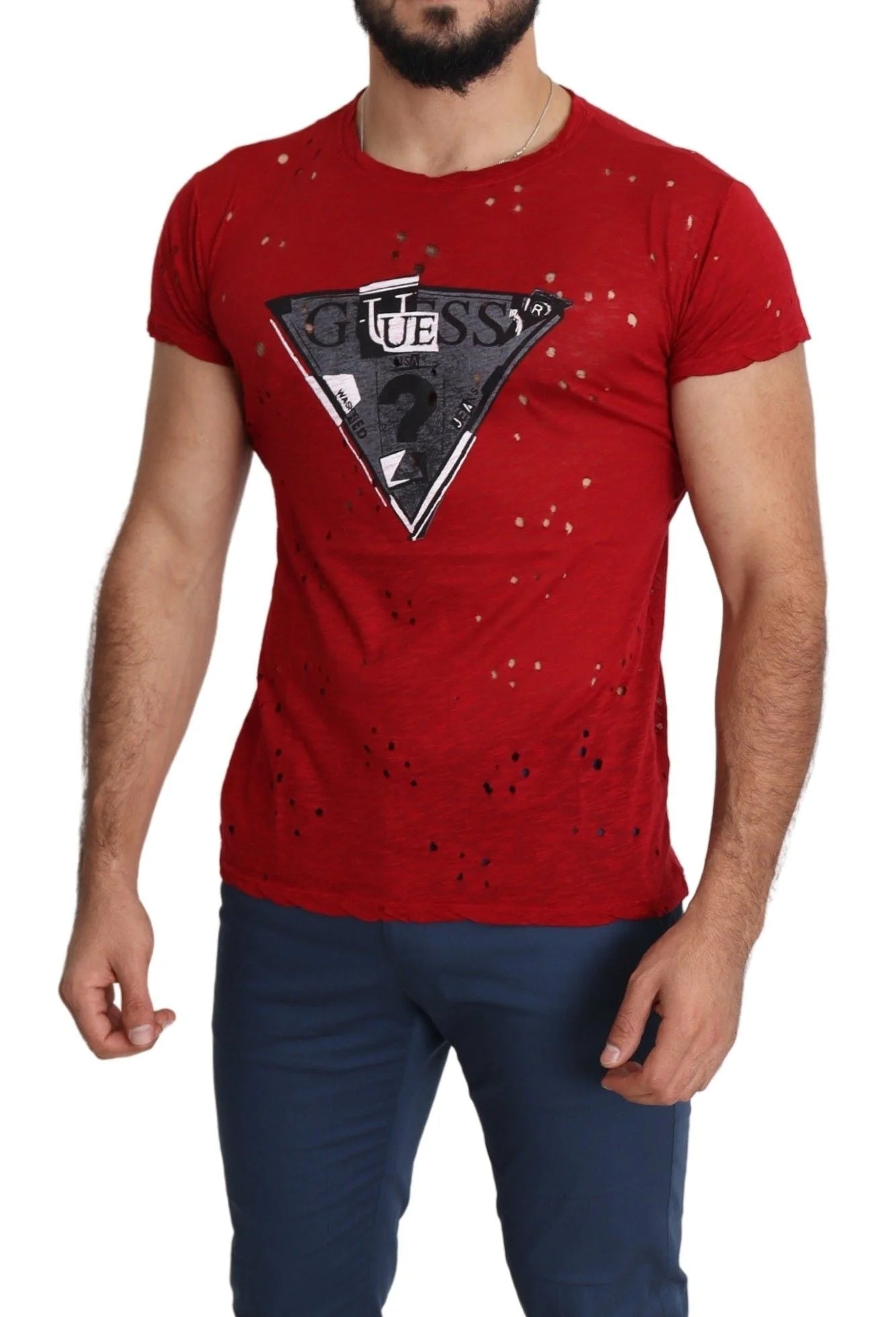 Guess Red Cotton Logo Print Men Casual Top Perforated T-shirt - T-Shirts