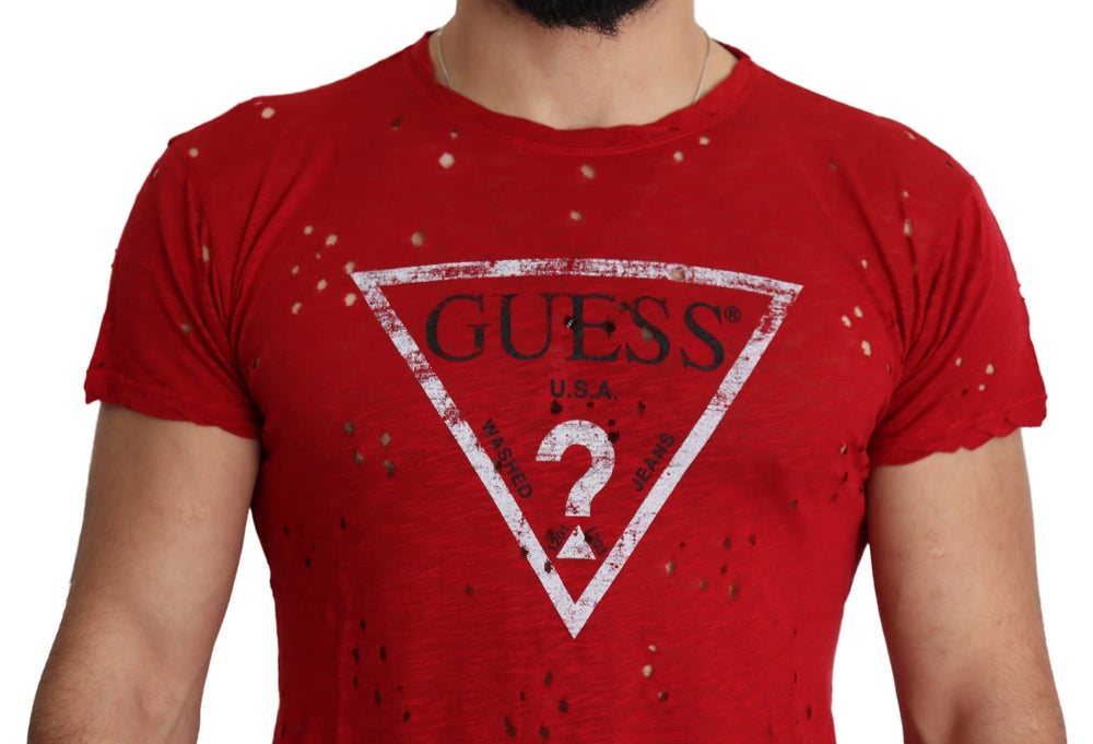 Guess Red Cotton Logo Print Men Casual Top Perforated T-shirt - T-Shirts