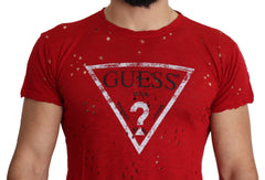 Guess Red Cotton Logo Print Men Casual Top Perforated T-shirt - T-Shirts