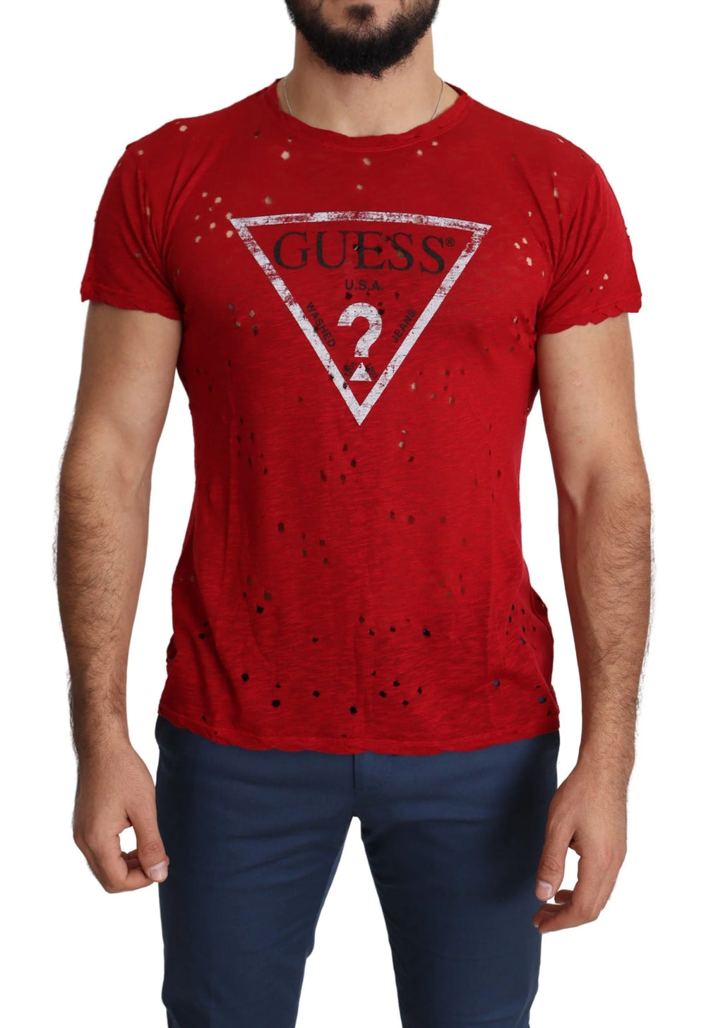 Guess Red Cotton Logo Print Men Casual Top Perforated T-shirt - T-Shirts