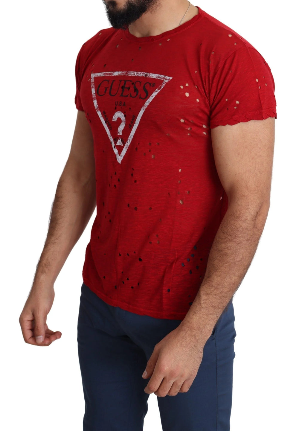 Guess Red Cotton Logo Print Men Casual Top Perforated T-shirt - T-Shirts