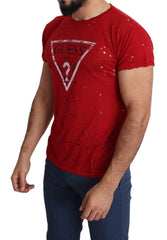 Guess Red Cotton Logo Print Men Casual Top Perforated T-shirt - T-Shirts