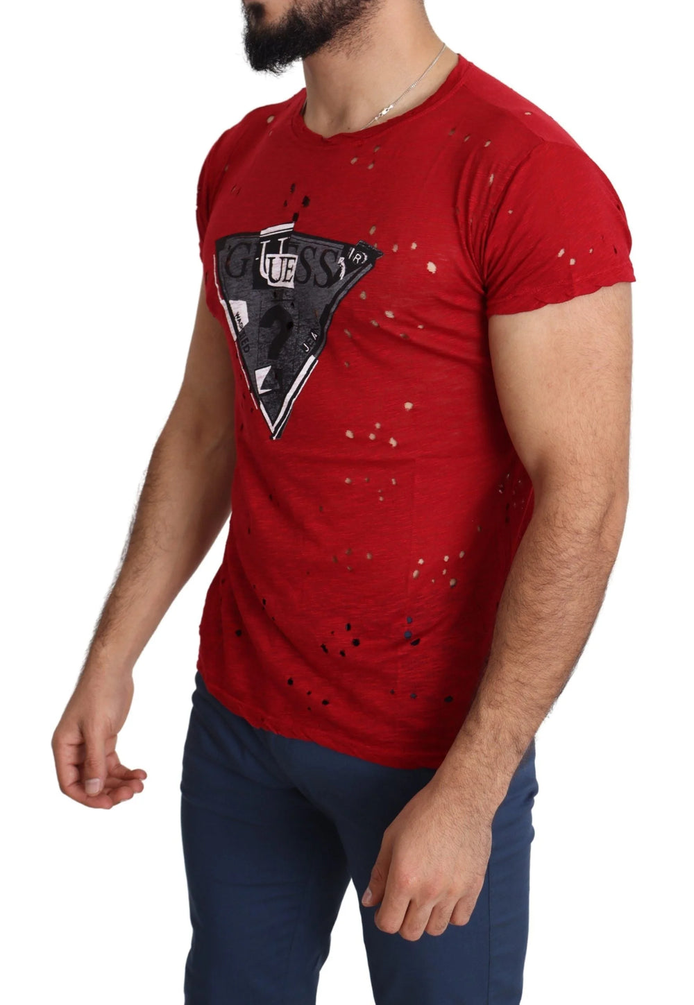 Guess Red Cotton Logo Print Men Casual Top Perforated T-shirt - T-Shirts