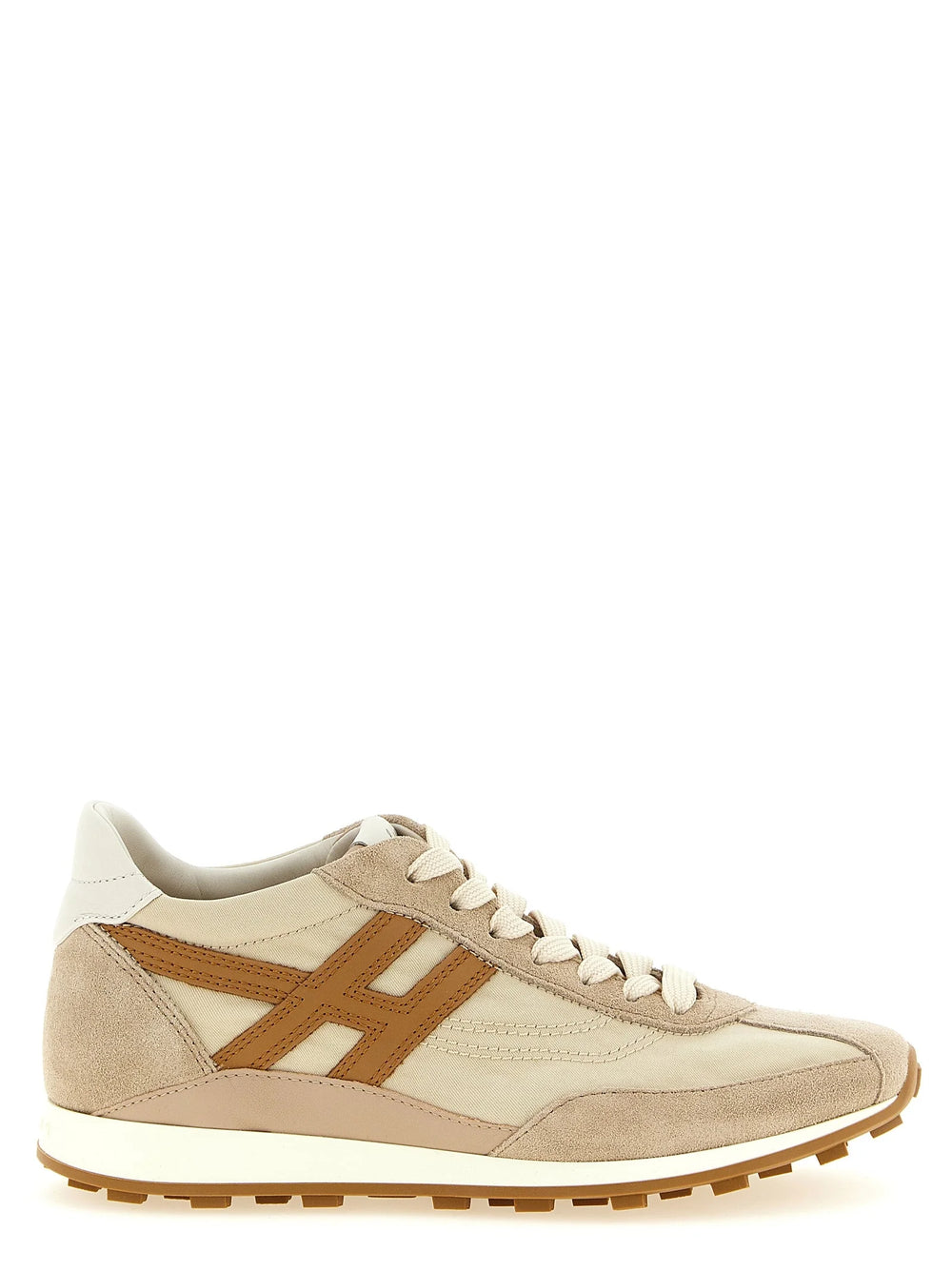 Zapatillas deportivas Hogan beige de poliamida en una silueta refinada de caña baja con cordones tonales y suelas de goma estructuradas.
