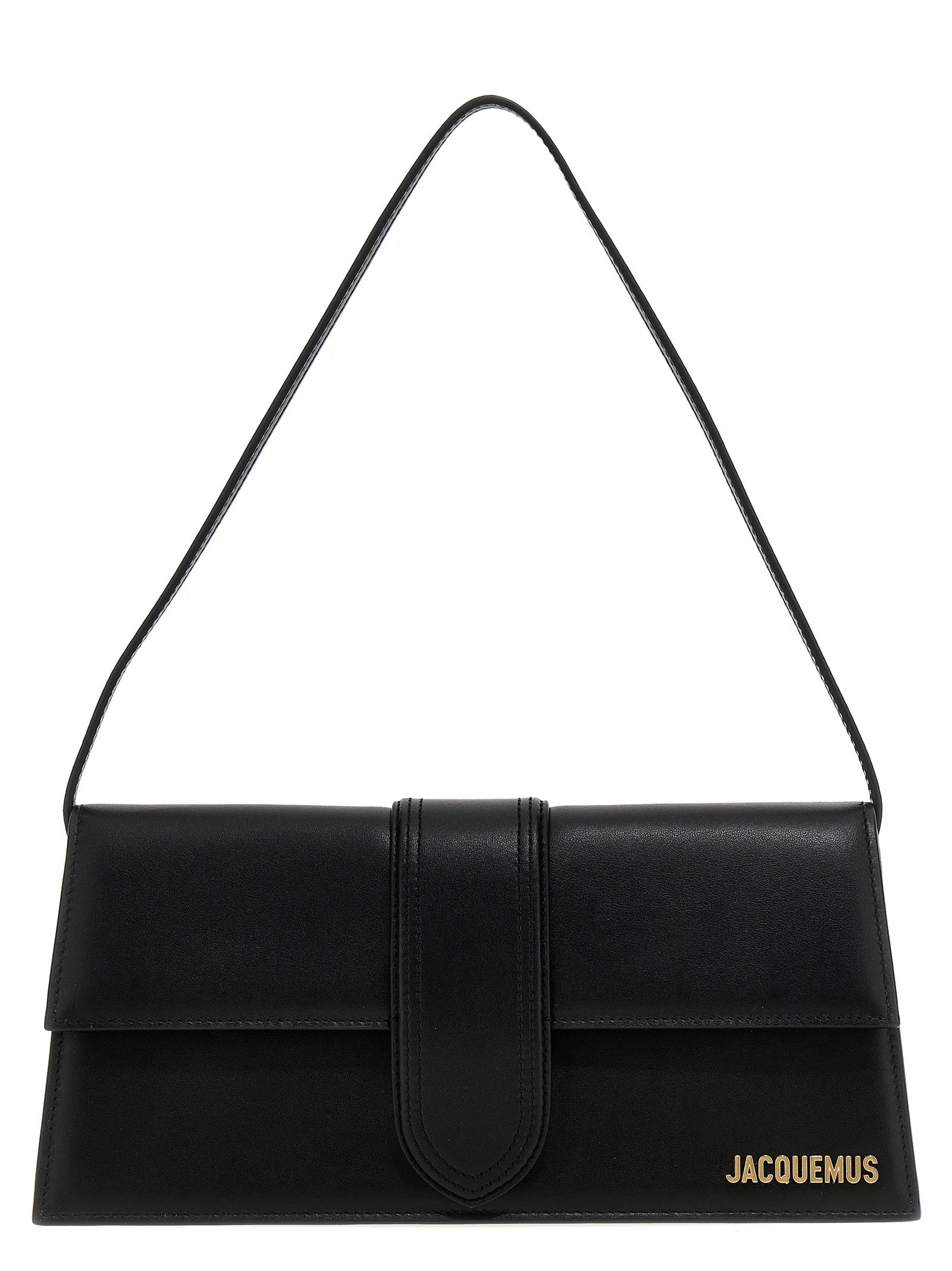 Jacquemus black cowhide leather shoulder bag with gold-tone logo hardware and structured top handle.