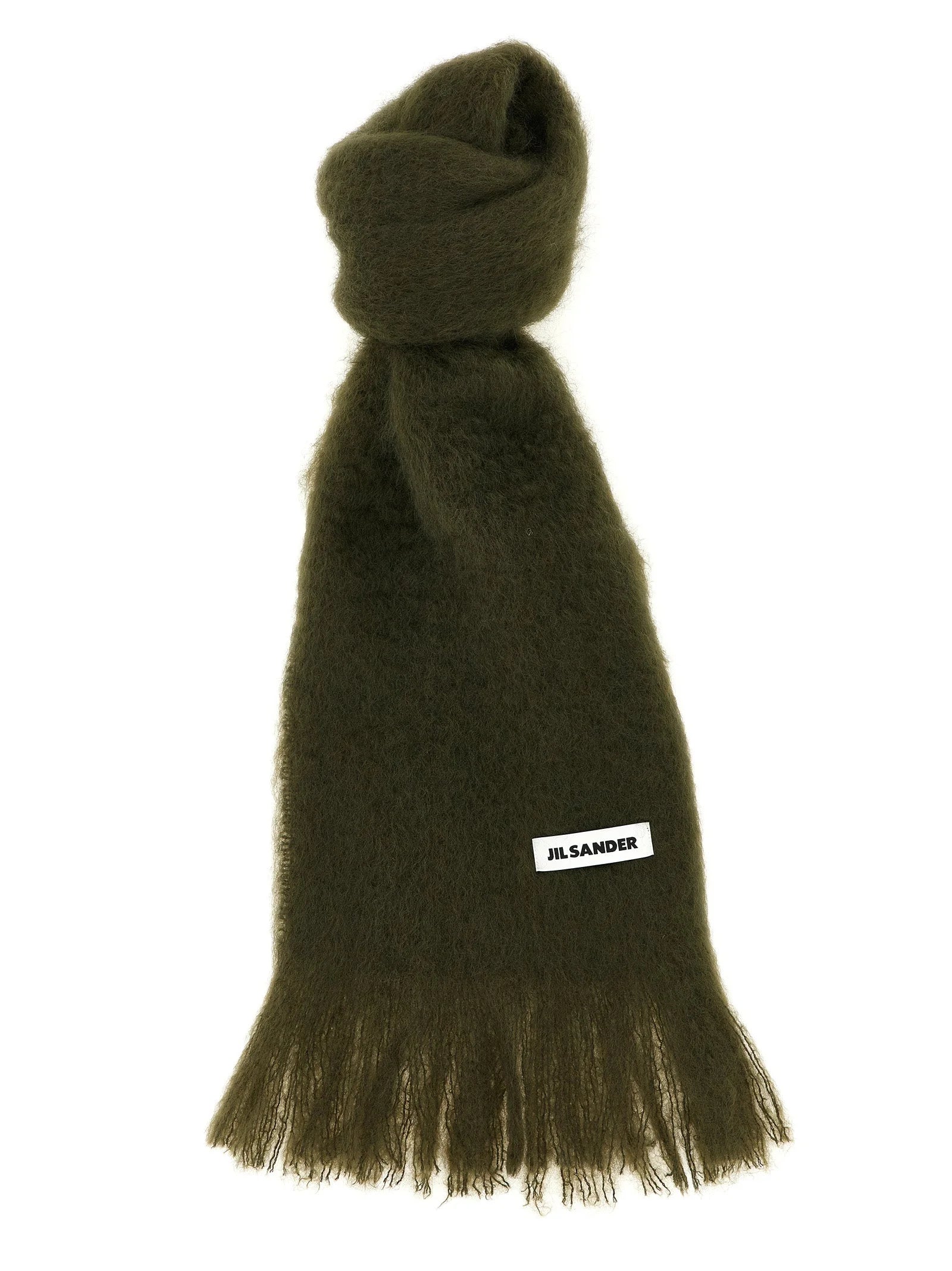 צעיף צמר דו-גוני של Jil Sander בעיצוב מינימליסטי בשני גוונים, המוצג כדי להראות את מרקם הסריגה היוקרתי ואת הקצוות הנקיים.