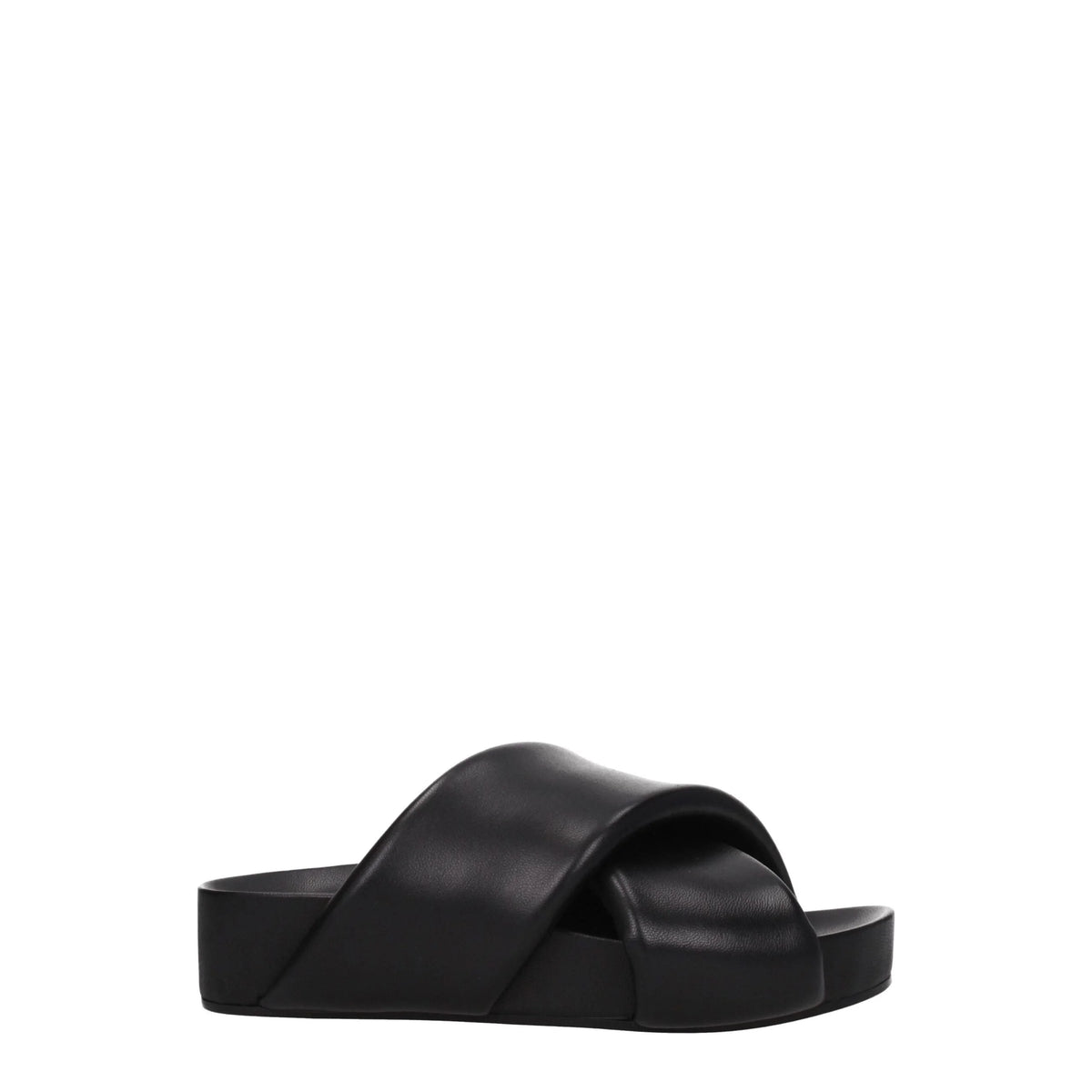 Pantoufles Jil Sander en cuir noir avec une large bride avant et un lit de pied profilé pour une silhouette raffinée.