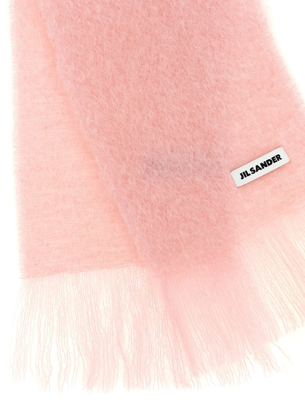 Primer plano de la bufanda multicolor de Jil Sander que destaca las fibras de lana premium y la etiqueta tejida de la marca.