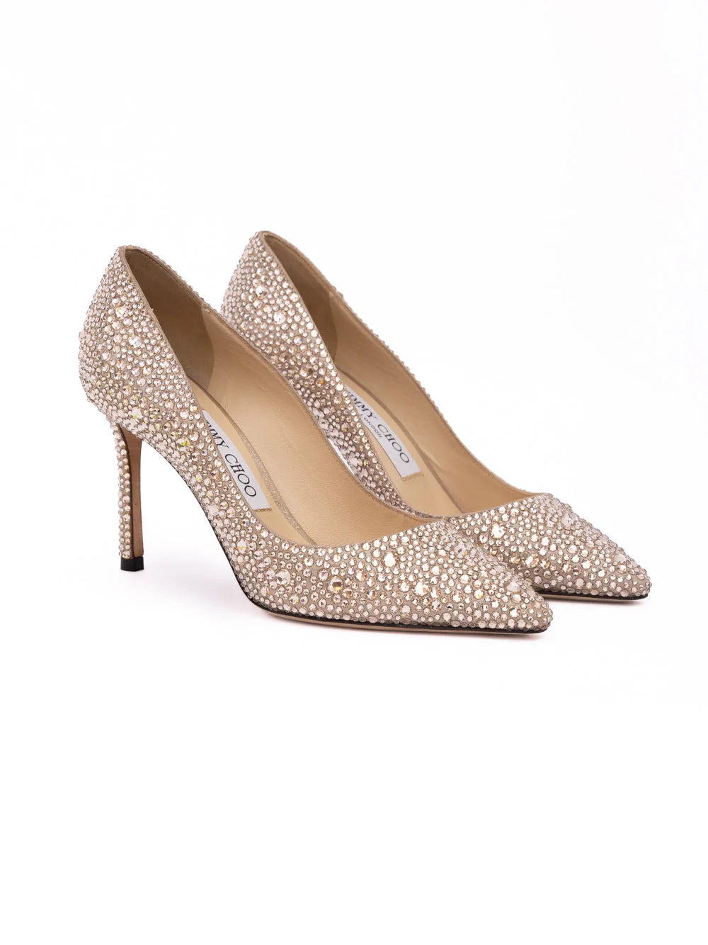 Jimmy Choo Zlatavě medové pumpse Romy 85 s krystaly z hedvábné semiše