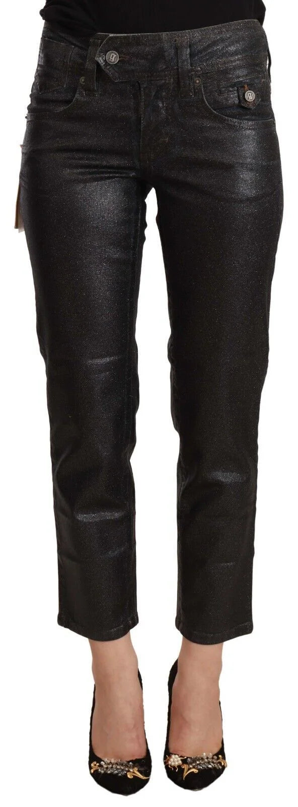 John Galliano Black Glittered Mid Waist Cotton Cropped Pants - IT40|S - Jeans