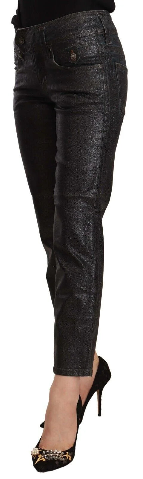 John Galliano Black Glittered Mid Waist Cotton Cropped Pants - IT40|S - Jeans
