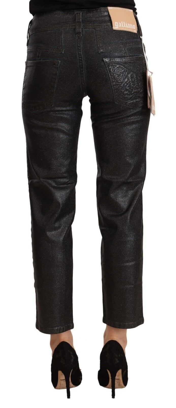 John Galliano Black Glittered Mid Waist Cotton Cropped Pants - IT40|S - Jeans