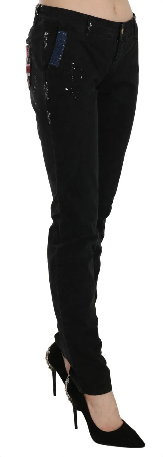 John Galliano Black Low Waist White Paint Skinny Denim Pants Jeans - W30