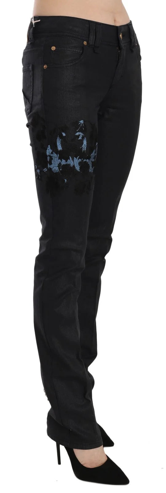 John Galliano Black Swan Floral Embroidered Mid Waist Skinny Denim Jeans