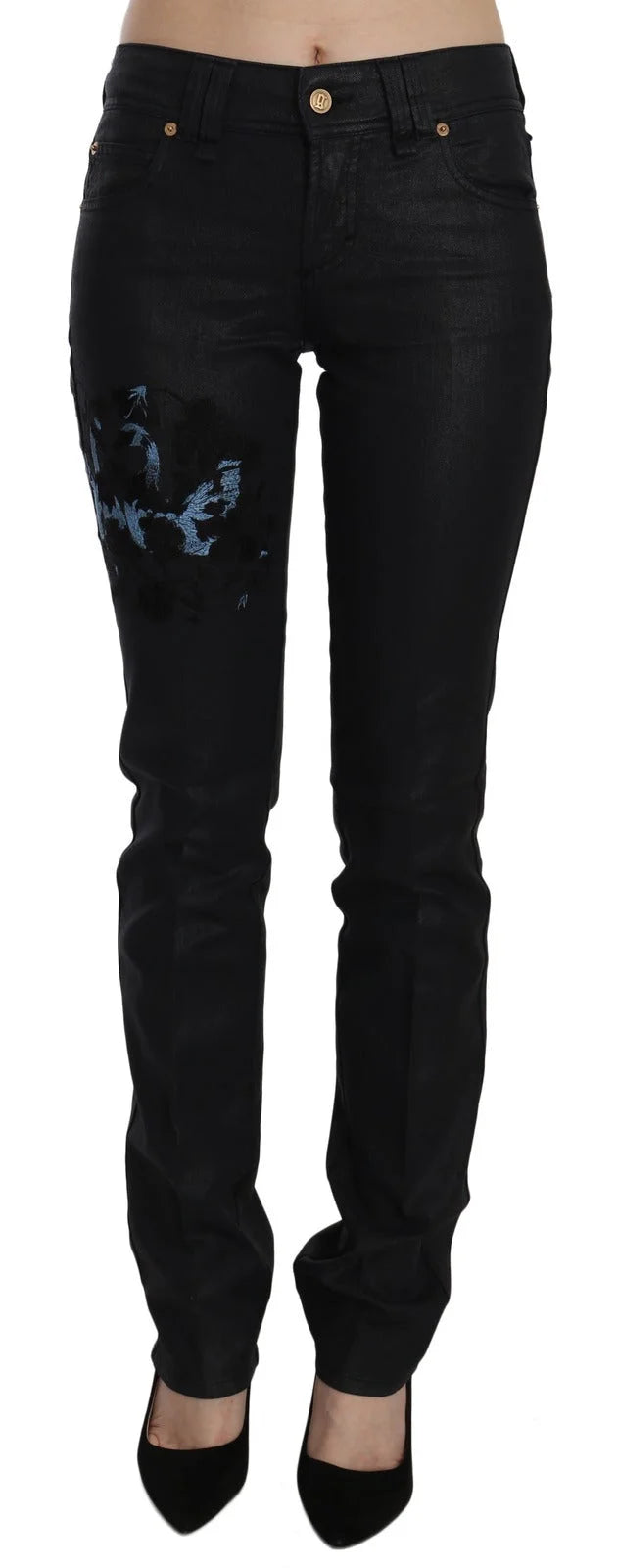 John Galliano Black Swan Floral Embroidered Mid Waist Skinny Denim Jeans