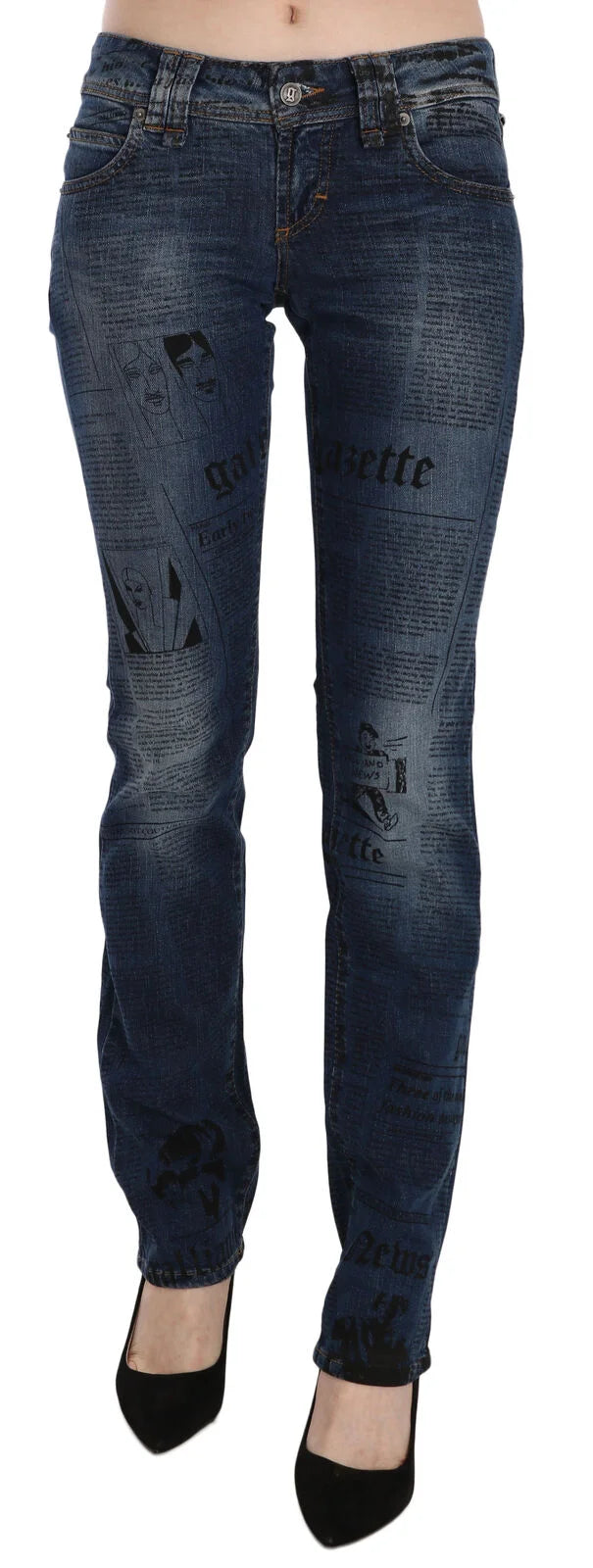 John Galliano Blue Newspaper Print Low Waist Skinny Denim Pants - Jeans