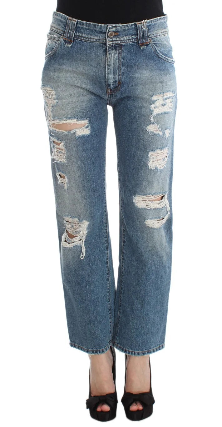 John Galliano Blue Wash Cotton Boyfriend Fit Cropped Jeans - Jeans