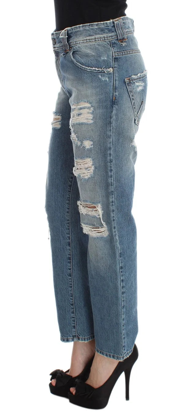 John Galliano Blue Wash Cotton Boyfriend Fit Cropped Jeans - Jeans
