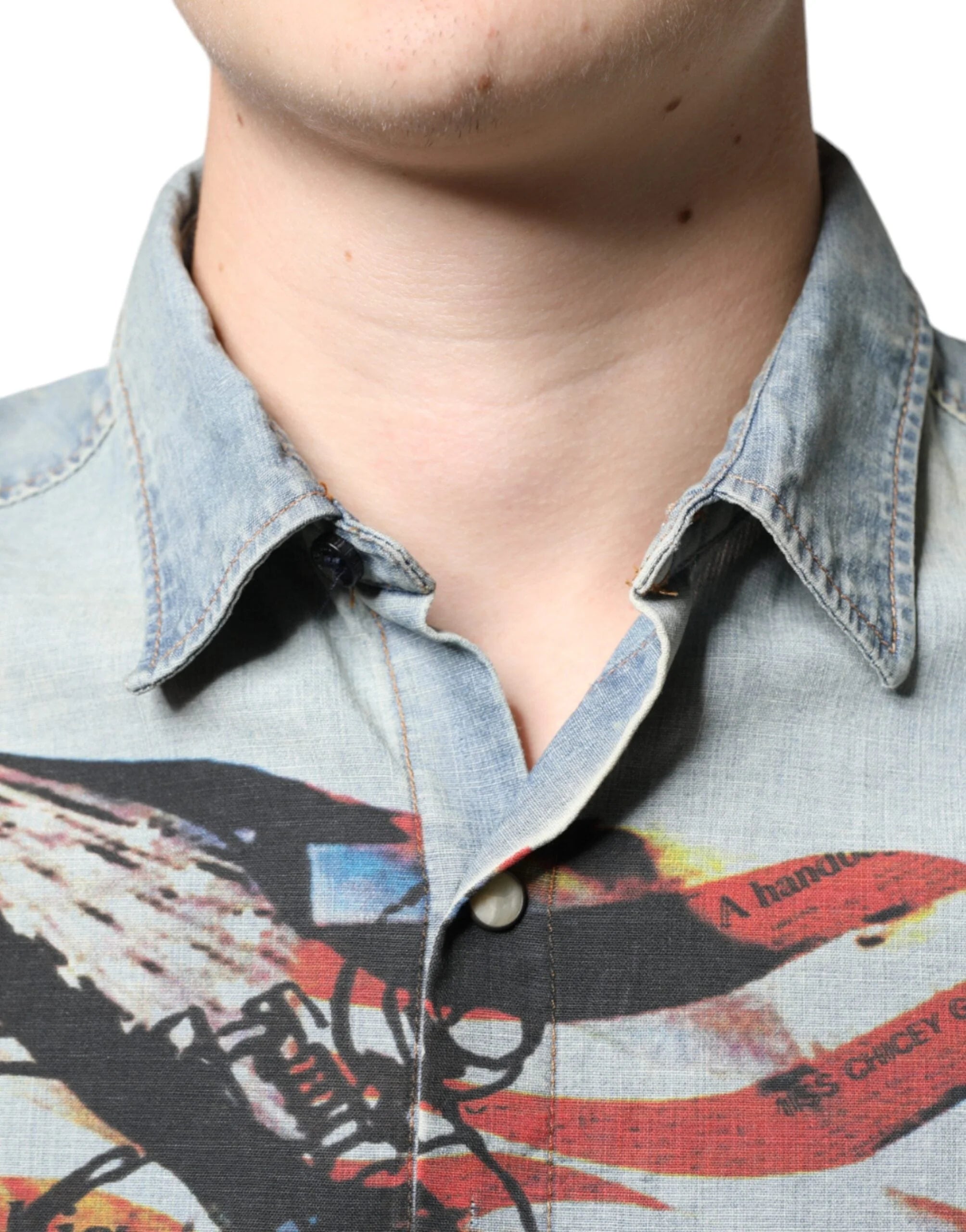 John Galliano Light Blue Printed Cotton Denim Long Sleeves Shirt - IT38 | XS - Shirts