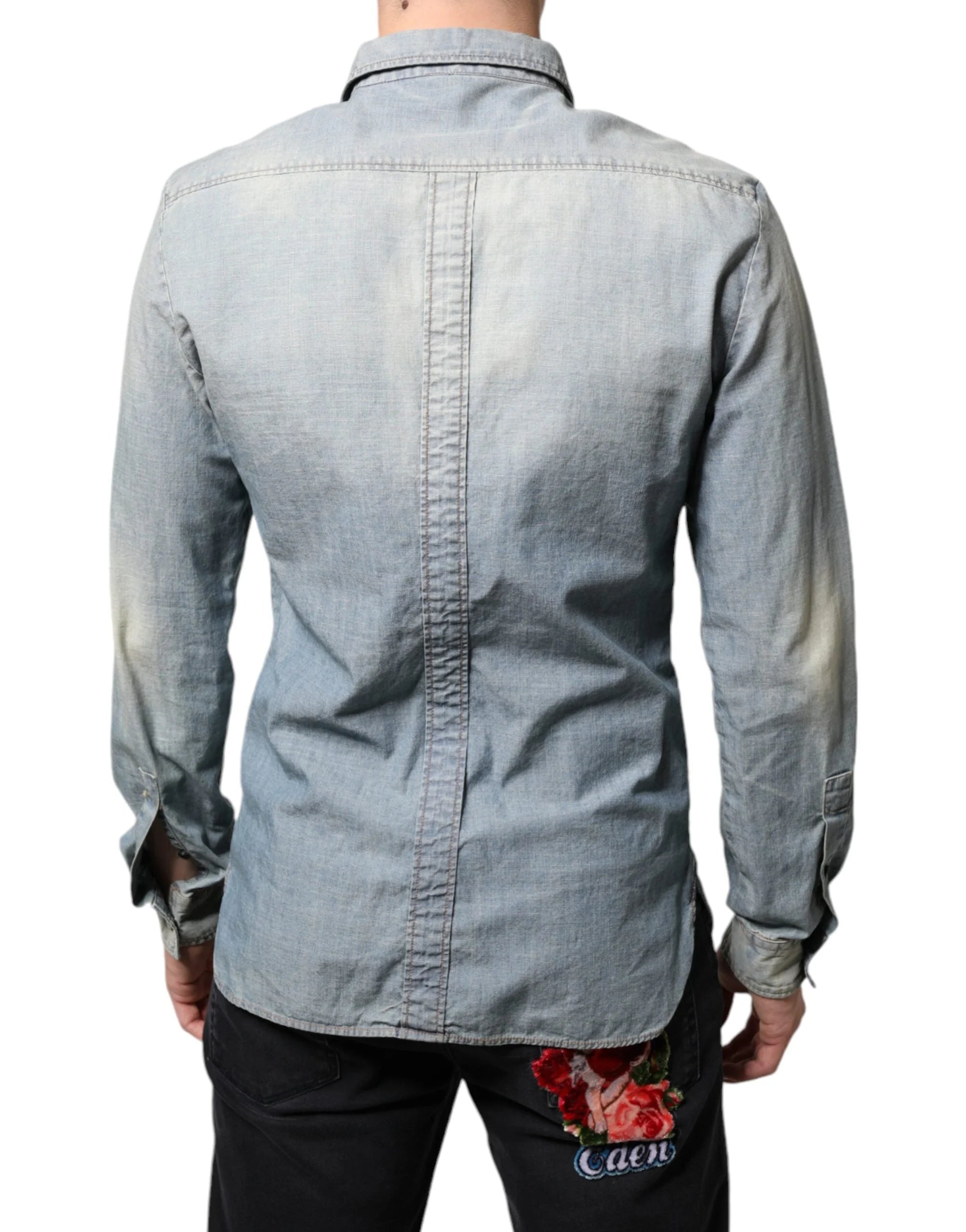 John Galliano Light Blue Printed Cotton Denim Long Sleeves Shirt - IT38 | XS - Shirts