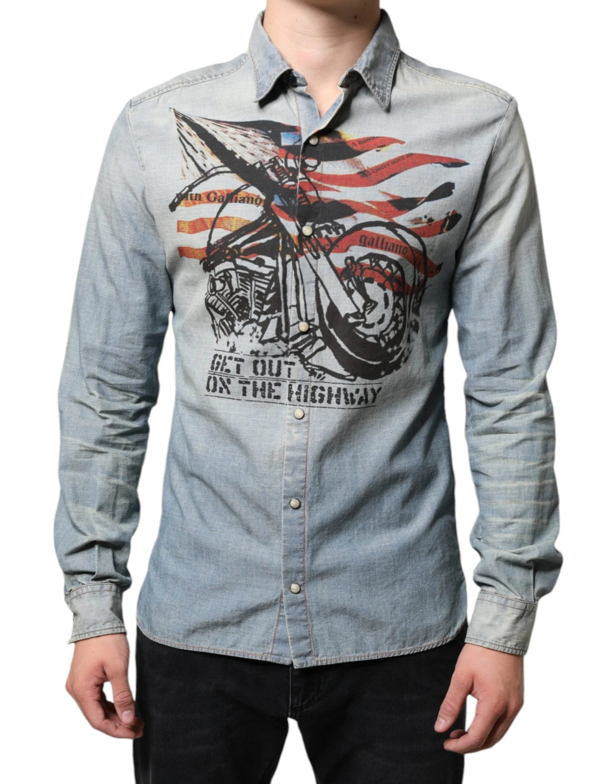 John Galliano Light Blue Printed Cotton Denim Long Sleeves Shirt - IT38 | XS - Shirts
