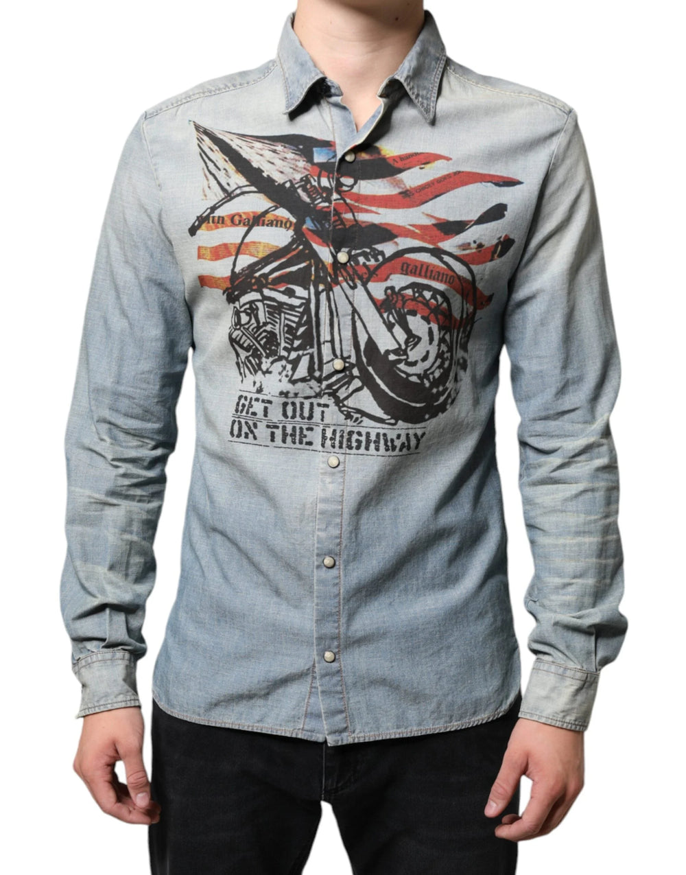 John Galliano Light Blue Printed Cotton Denim Long Sleeves Shirt - IT38 | XS - Shirts