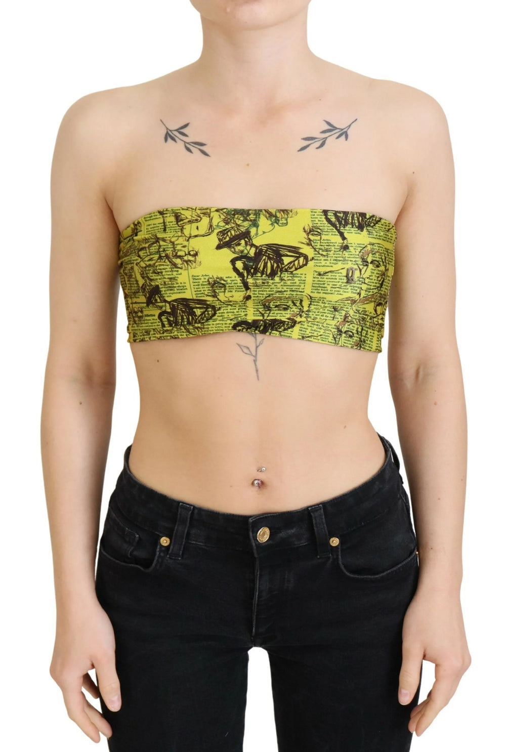 John Galliano Yellow Newspaper Print Cropped Blouse - Tank Tops