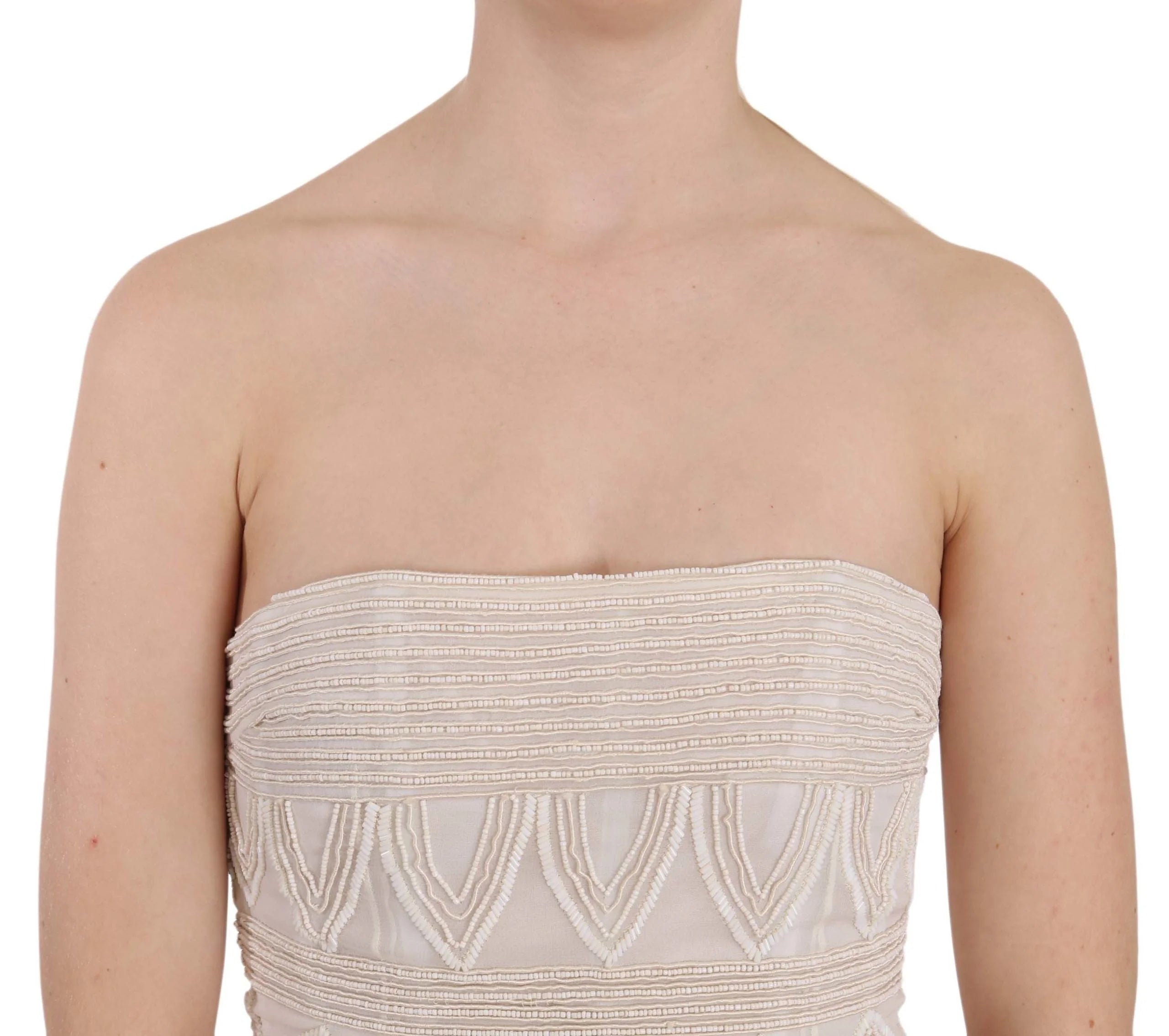 John Richmond Beige Beaded Silk Short Mini Gown Dress - Dresses