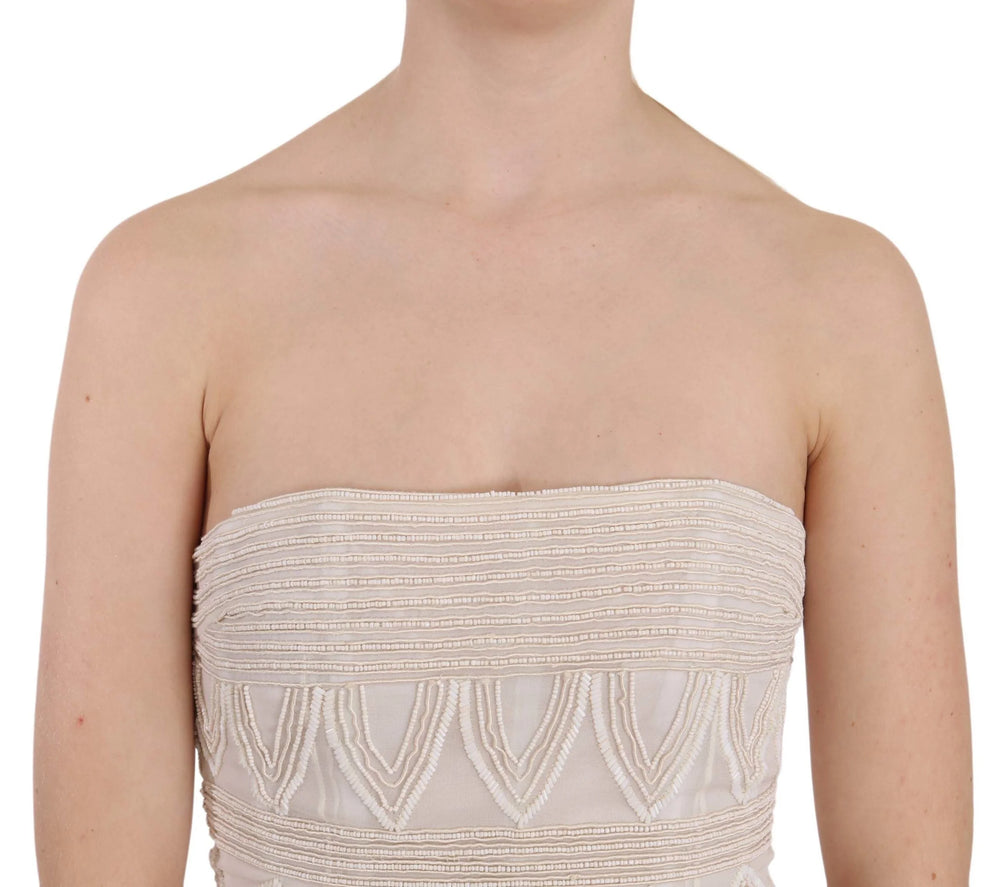 John Richmond Beige Beaded Silk Short Mini Gown Dress - Dresses