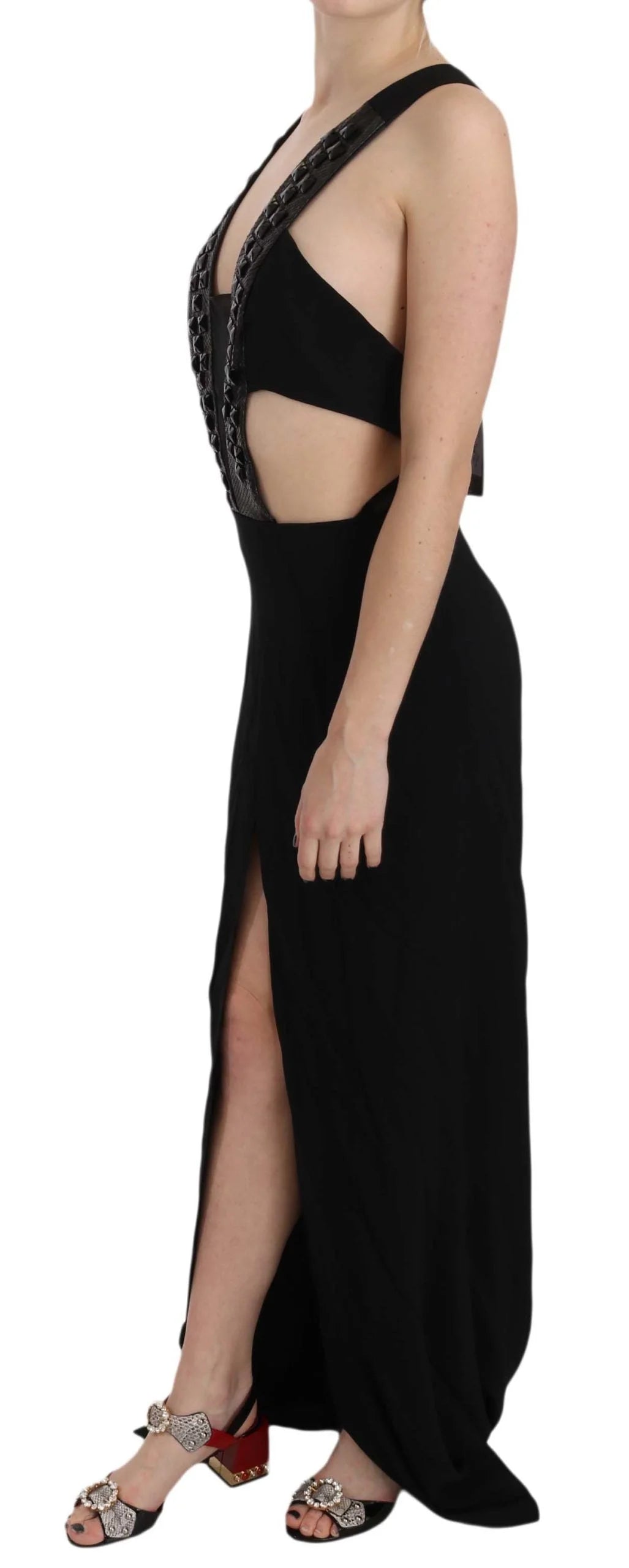 John Richmond Vestido de gala con lentejuelas de cristal y cuero negro - IT40|S