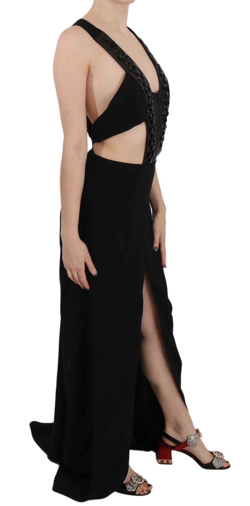 John Richmond Vestido de gala con lentejuelas de cristal y cuero negro - IT40|S