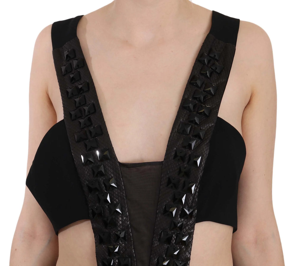 John Richmond Black Crystal Leather Gown Flare Dress - IT40|S - Dresses