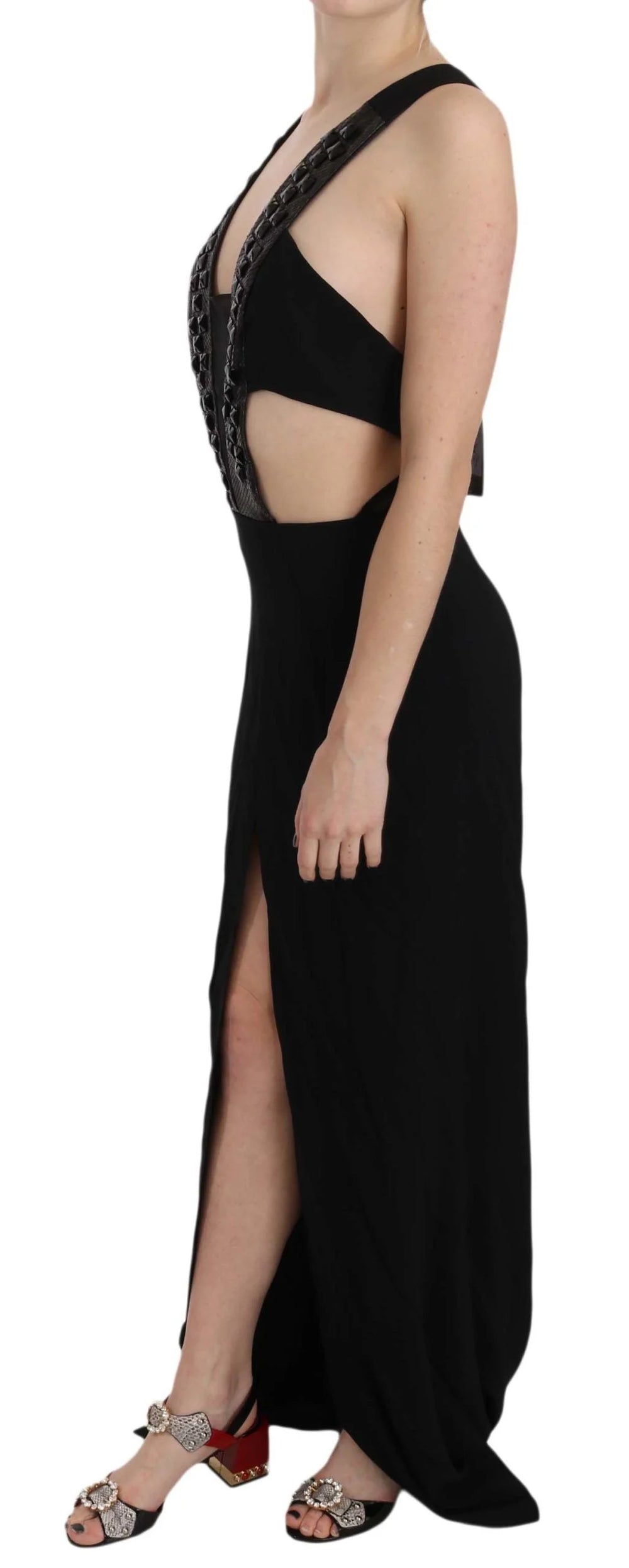 John Richmond Black Crystal Leather Gown Flare Dress - IT40|S - Dresses
