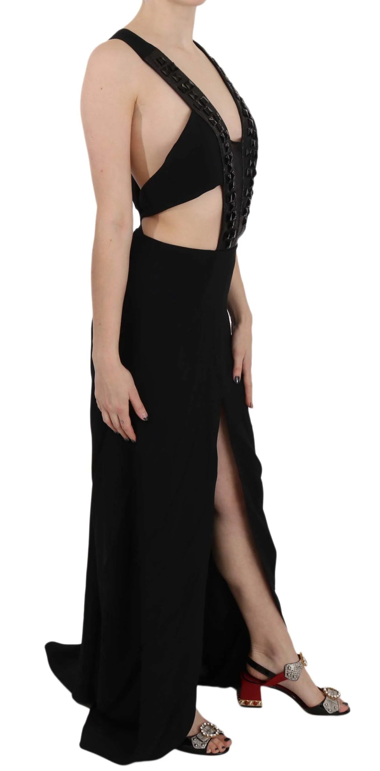 John Richmond Black Crystal Leather Gown Flare Dress - IT40|S - Dresses