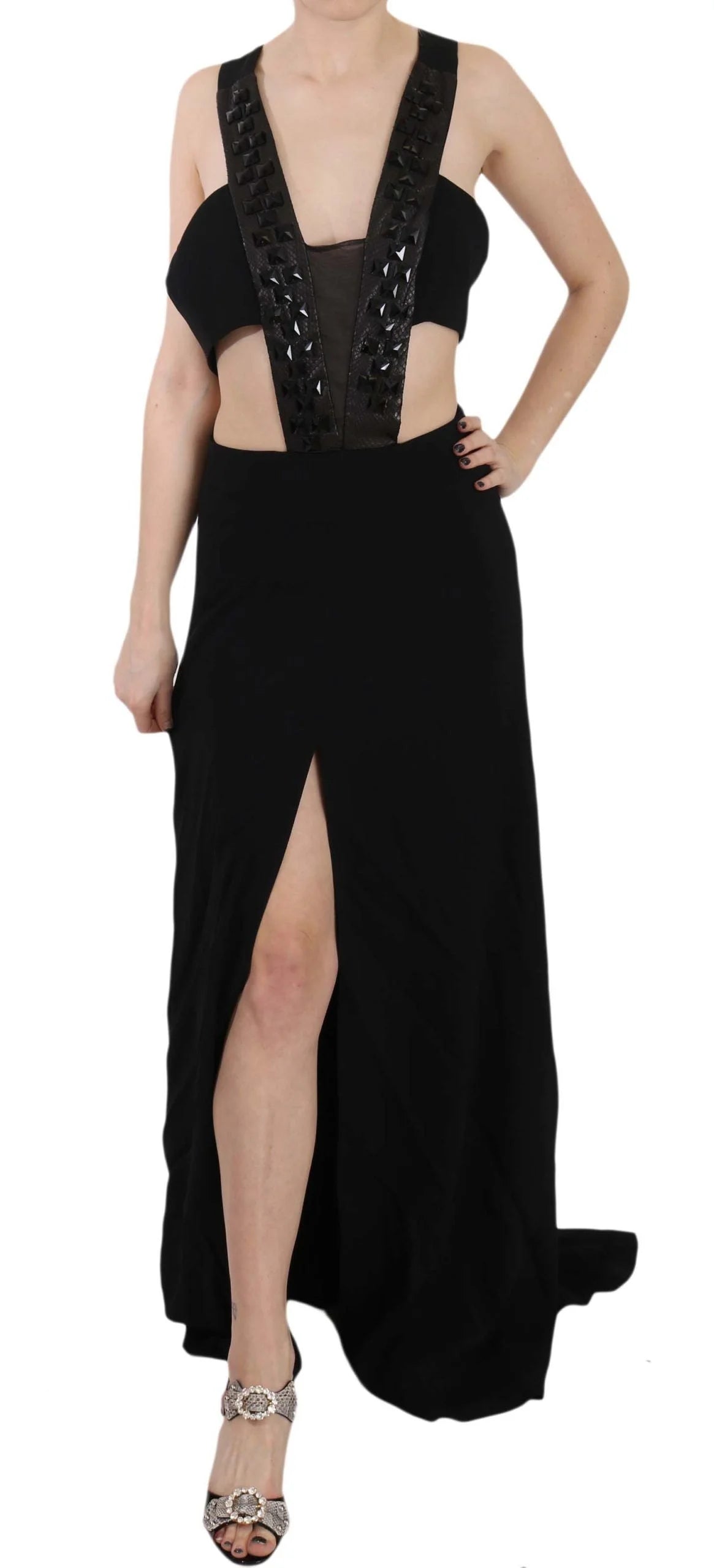 John Richmond Black Crystal Leather Gown Flare Dress - IT40|S - Dresses