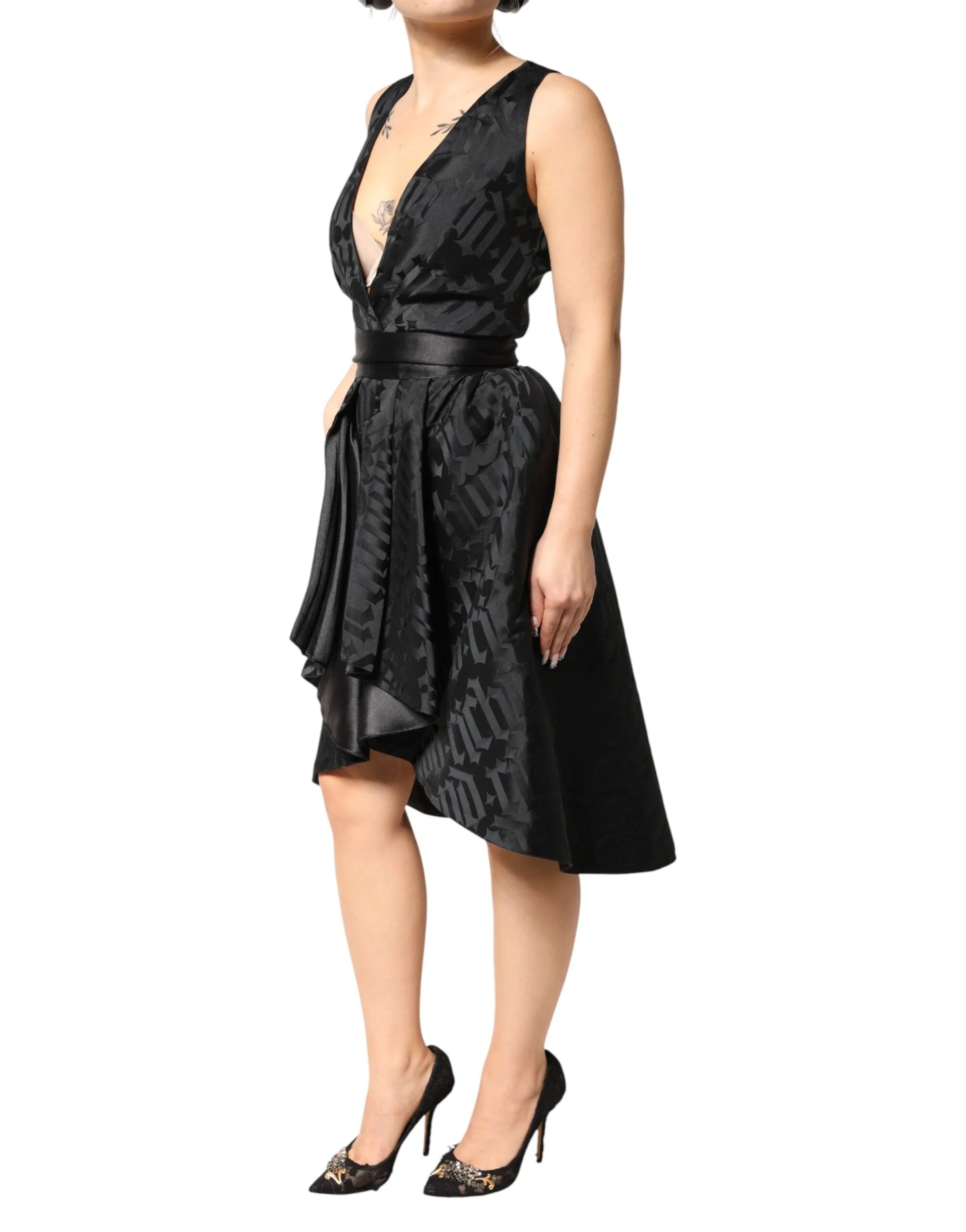 John Richmond Black Jacquard Deep V-neck Sleeveless 2 Pc Dress - IT40|S