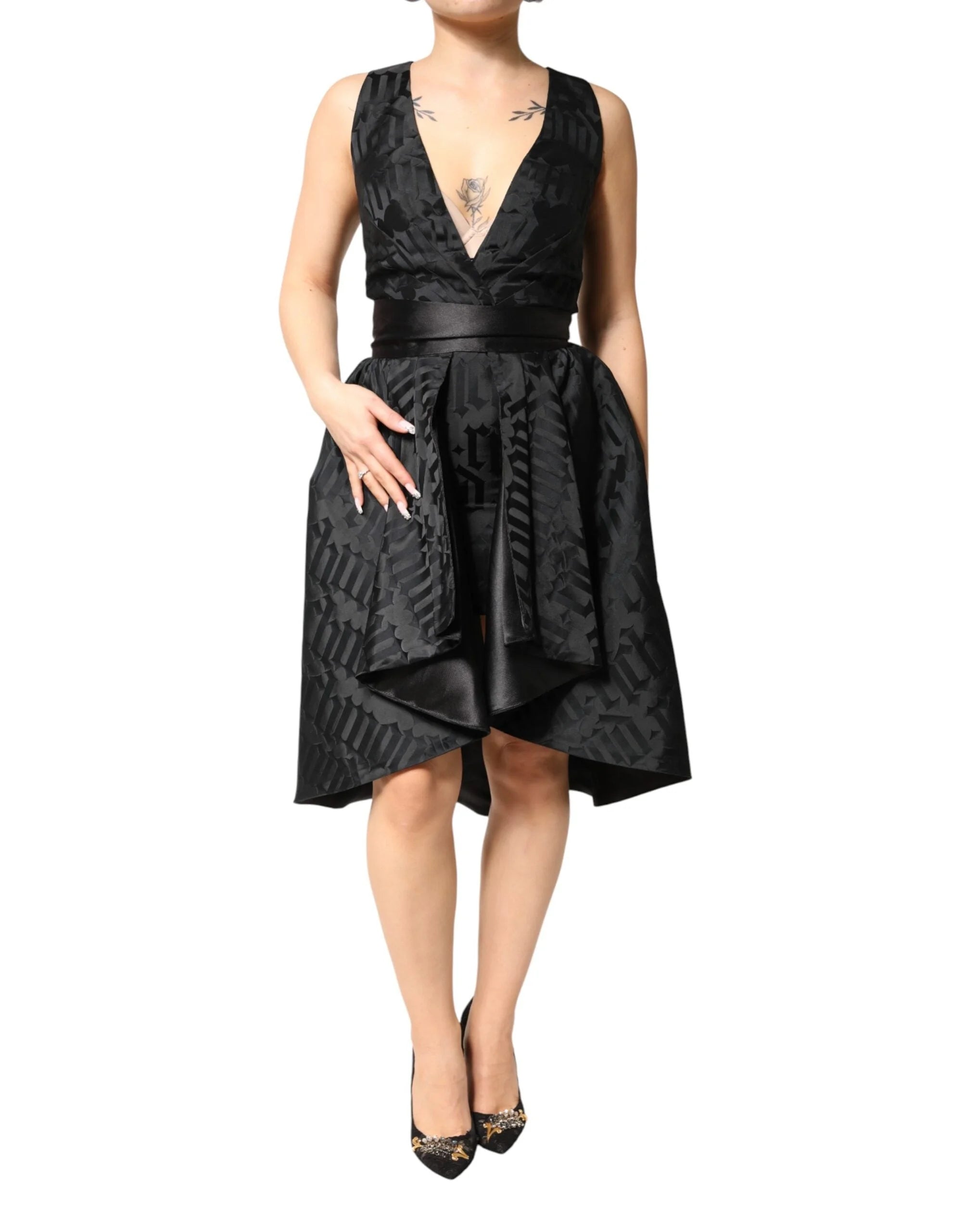 John Richmond Black Jacquard Deep V-neck Sleeveless 2 Pc Dress - IT40|S