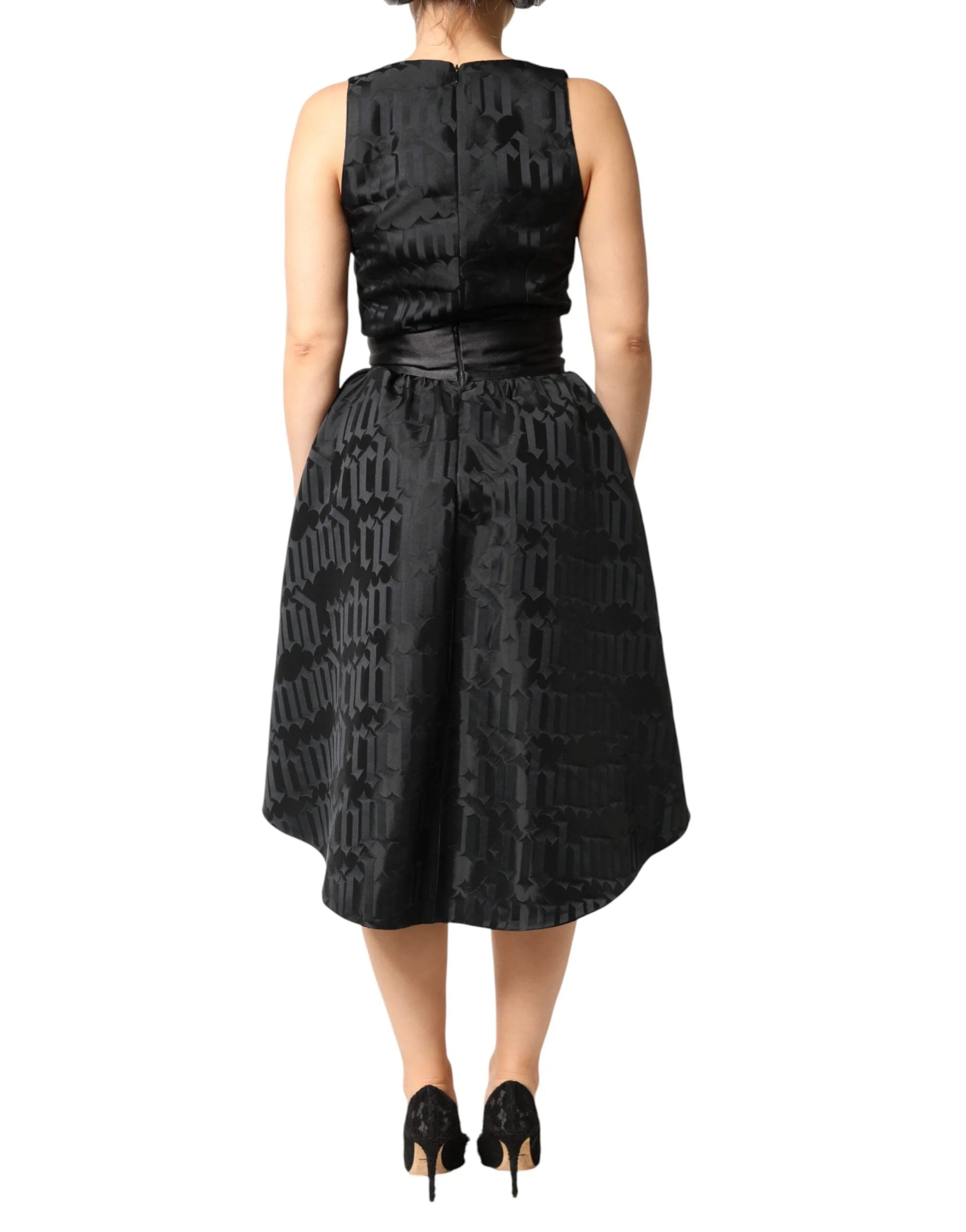 John Richmond Black Jacquard Deep V-neck Sleeveless 2 Pc Dress - IT40|S