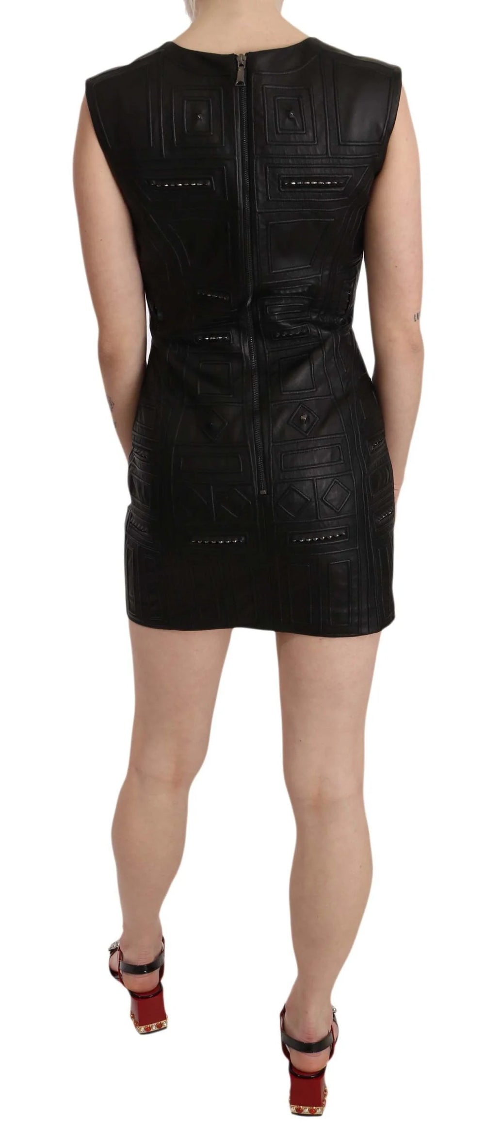 John Richmond Black Leather Studded Mini Shift Dress - Dresses