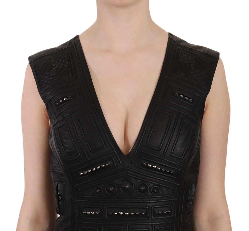 John Richmond Black Leather Studded Mini Shift Dress - Dresses
